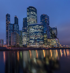 View at Moscow-city skyscrapers in the business district of the Russian capital at sunset.