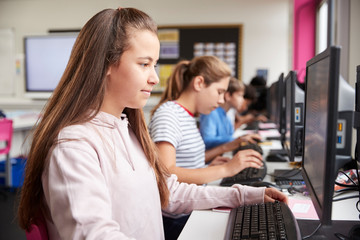 Wall Mural - Line Of High School Students Working at Screens In Computer Class