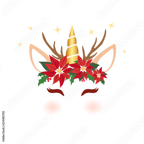 Christmas Unicorn Face Cute Unicorn Character Vector Graphic Design For Christmas Cartoon Reindeer Unicorn Head With Poinsettia Flower Holly Crown And Antlers Christmas Holiday Card Buy This Stock Vector And Explore