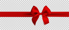 Realistic Red Bow And Ribbon Isolated On Transparent Background. Template For Brochure Or Greeting Card. Vector Illustration.