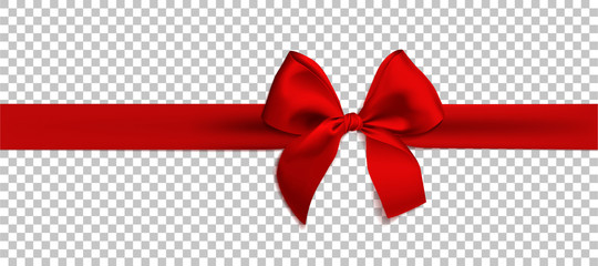 Realistic red bow and ribbon isolated on transparent background. Template for brochure or greeting card. Vector illustration.