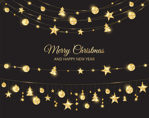 Christmas golden decoration on black background. Holiday vector frame, border.