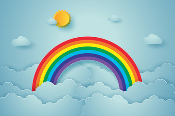 Wall Mural - Blue sky with rainbow and cloud , paper art style