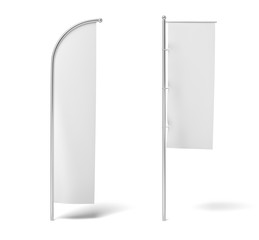 Fototapete - 3d rendering of two monochrome white flags hanging on posts on a white background.