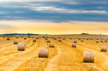 Two bundles of the straw on the meadow during the sunset, sunrise