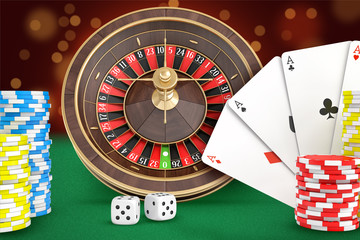Poster - 3d rendering of casino roulette stands on a green felt table with cards, dice, chips stacks nearby.