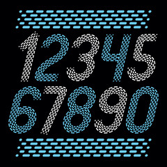 Poster - Vector numbers, modern numerals set. Rounded bold italic retro numeration from 0 to 9 can be used for logo creation. Made with parallel dashed lines.