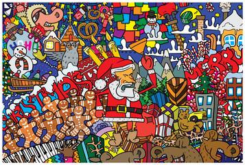  Great Christmas card with Santa Claus, reindeer and gifts