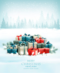 Leinwandbilder - Christmas holiday background with colorful gift boxes and landscape. Vector.