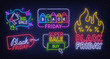 Black Friday label. Set of isolated neon sign for Black Friday. Neon logos on transparent background. Vector illustration