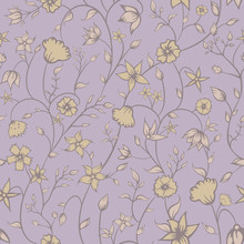 Vector Petite Indian Floral Ornaments Line Art In Pastel Purple Seamless Pattern Background. Perfect For Fabric, Scrapbooking And Wallpaper Projects.