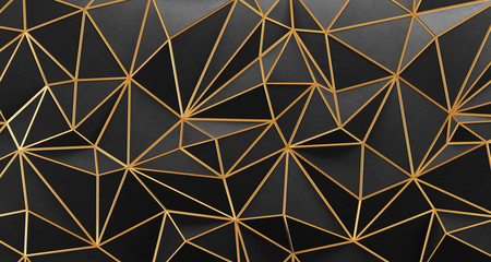 Wall Mural - black low poly background with golden edges. 3d rendering.
