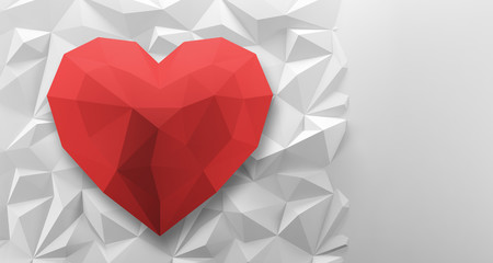 Wall Mural - white low poly background with red heart. 3d rendering.