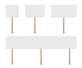 blank banner mock up on wood stick collection. vector empty different board plank holder set. protes