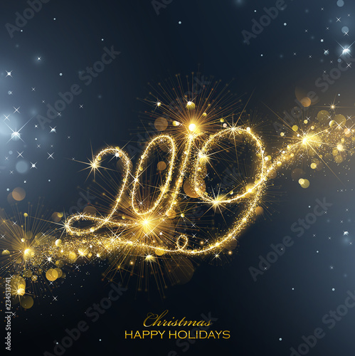 Fotografie, Obraz New Year Fireworks 2019 with Flickering Lights Effect. Vector