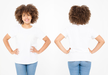 Wall Mural - Shirts set. Summer t shirt design and close up of young afro american woman in blank template white t-shirt. Mock up. Copy space. Curly hair. front and back view.