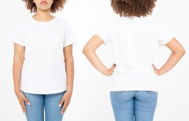 Shirts set. Summer t shirt design and close up of young afro american woman in blank template white t-shirt. Mock up. Copy space. Curly hair. front and back view. Cropped image