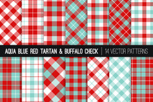 
Aqua Blue And Red Tartan And Buffalo Check Plaid Vector Patterns. Christmas Backgrounds. Hipster Flannel Shirt Fabric Textures. Pattern Tile Swatches Included.