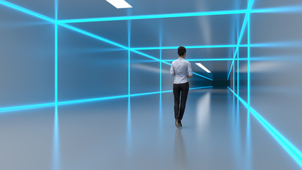 Sticker - business woman walks along a futuristic corridor