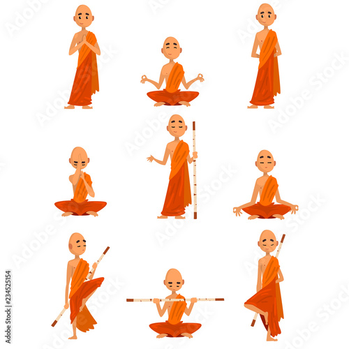 Fotografía Buddhist monks cartoon characters in different poses set, monk in orange robe, p