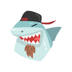 Poster - Shark wearing baseball cap, animal portrait cartoon vector Illustration on a white background