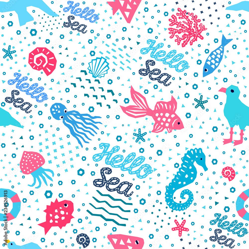 Seaworld seamless pattern of paper cutout marine style memphis design ...