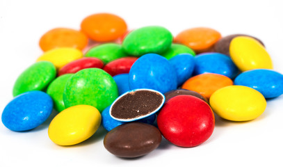 Colorful Chocolate Candy Treat Smarties on White Background Isolated