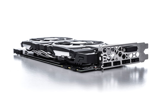 Computer gaming powerful graphic card on white.