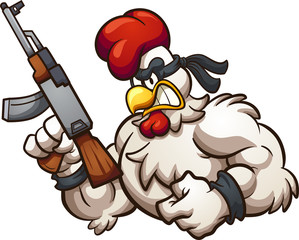 Wall Mural - Strong and angry cartoon chicken holding an Ak-47 gun. Vector clip art illustration with simple gradients. All in a single layer.