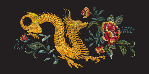 Wall Mural - Embroidery oriental floral pattern with golden dragons and red roses. Vector embroidered patch with flowers and animal for fashion design.