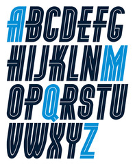 Poster - Set of vector upper case bold regular English alphabet letters made with white lines, can be used for logo creation in public relations business