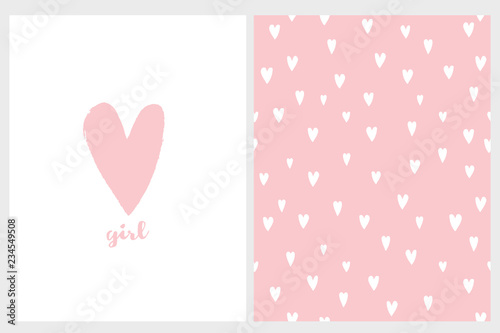 Cute Simple Baby Shower Vector Card And Pattern Pink Hand Drawn Heart With Girl Text Below White Background White Little Hearts On A Pink Background Lovely Irregular Pattern Adorable Nursery Art