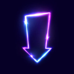 Arrow vector background. 3d abstract city move neon sign on dark blue backdrop. Glowing road pointer design with light flash sparkles flares. Color direction sign illustration.