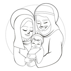 Line art nativity family scene of baby born birth Joseph and Mary hugging little Jesus