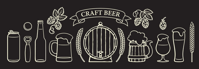 Wall Mural - vintage beer objects set. glasses, mugs, wooden barrel, bottle, can, opener, cap, barley, wheat, rib