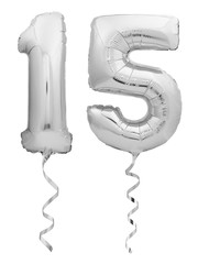 Wall Mural - Silver chrome number 15 fifteen made of inflatable balloon with ribbon isolated on white