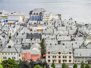 Typical grey art nouveau roofs of Alesund, Norway