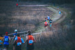 Group of professional cross country athletes running in competition in autumn nature. Sport or orienteering run concept