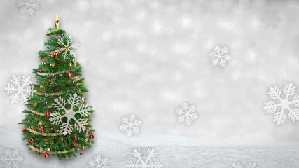 Wall Mural - rotating Christmas tree on winter background with snowfall animation. 3D render.seamless loop
