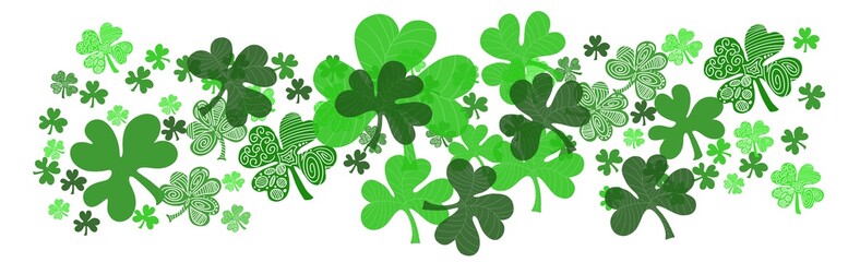 Wall Mural - shamrock four leaf clover, st patrick's day, march green and white banner header background in wide 