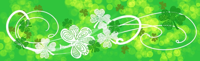 Wall Mural - shamrock four leaf clover, st patrick's day, march green and white banner header background in wide 