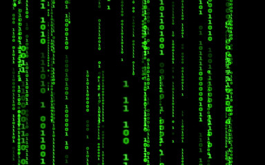 Wall Mural - Background in a matrix style.Binary computer code on black background.Green digital code numbers in matrix style.Cyberpunk hacker abstraction backdrop.Random numbers falling on the black background.