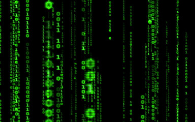 Wall Mural - Background in a matrix style.Binary computer code on black background.Green digital code numbers in matrix style.Cyberpunk hacker abstraction backdrop.Random numbers falling on the black background.