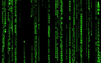 Background in a matrix style.Binary computer code on black background.Green digital code numbers in matrix style.Cyberpunk hacker abstraction backdrop.Random numbers falling on the black background.