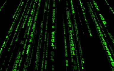 Wall Mural - Background in a matrix style.Binary computer code on black background.Green digital code numbers in matrix style.Cyberpunk hacker abstraction backdrop.Random numbers falling on the black background.