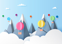 Colorful Hot Air Balloons Floating On Mountains,clouds And Blue Sky Paper Art Style.Vector Illustration.