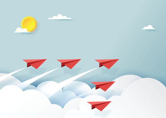 Wall Mural - red paper airplanes teamwork flying on blue sky and cloud.paper art style of business teamwork and l