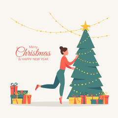Cute woman decorating Christmas tree with garlands surrounded by gifts. Happy girl  preparing for holiday celebration. Colorful vector illustration in flat cartoon style.