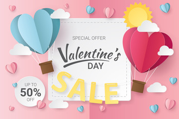 Wall Mural - Valentines day sale background with Heart  Balloons, clouds and sun.  Paper cut style. Vector illustration.