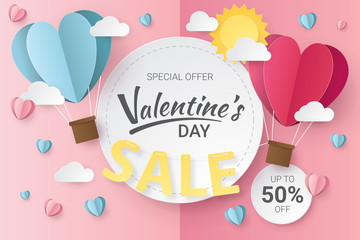 Wall Mural - valentines day sale background with heart balloons, clouds and sun. paper cut style. vector illustra
